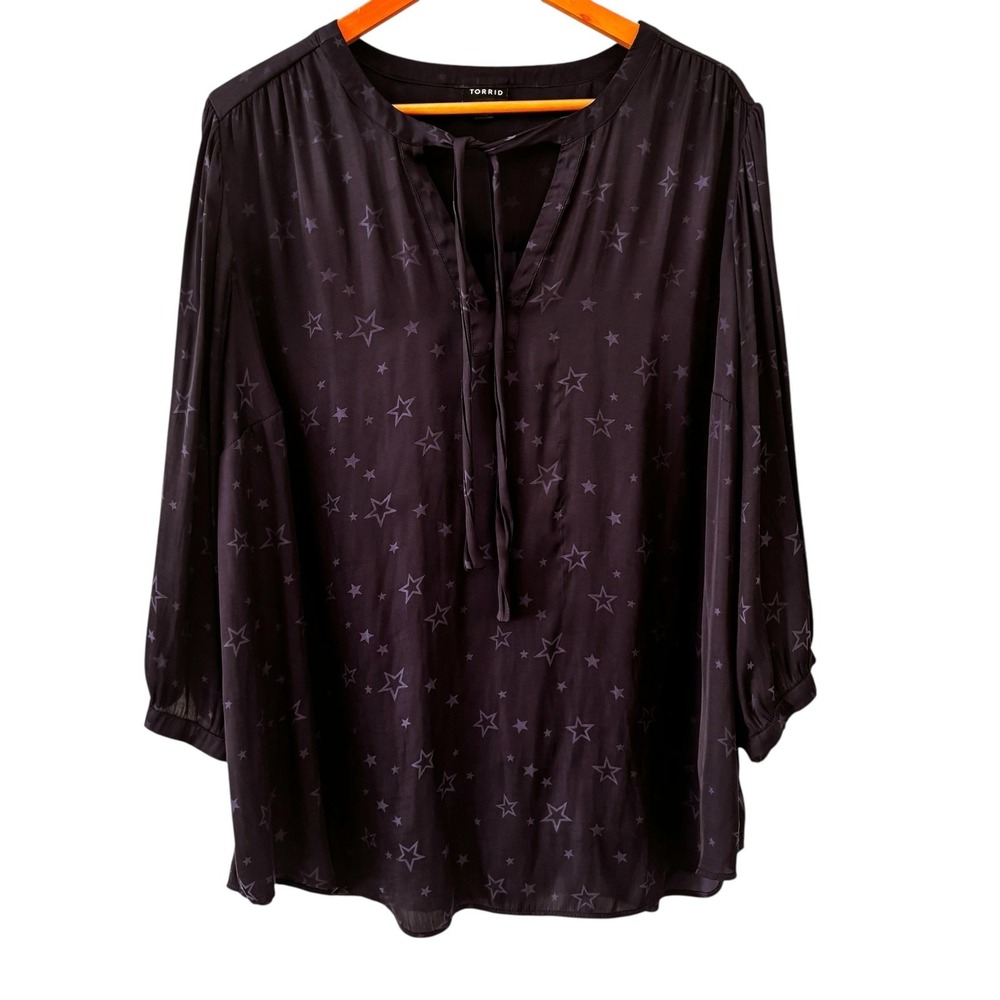 Torrid Womens Star Tunic Top Womens 3X Tie Neck Boho Peasant Celestial Navy